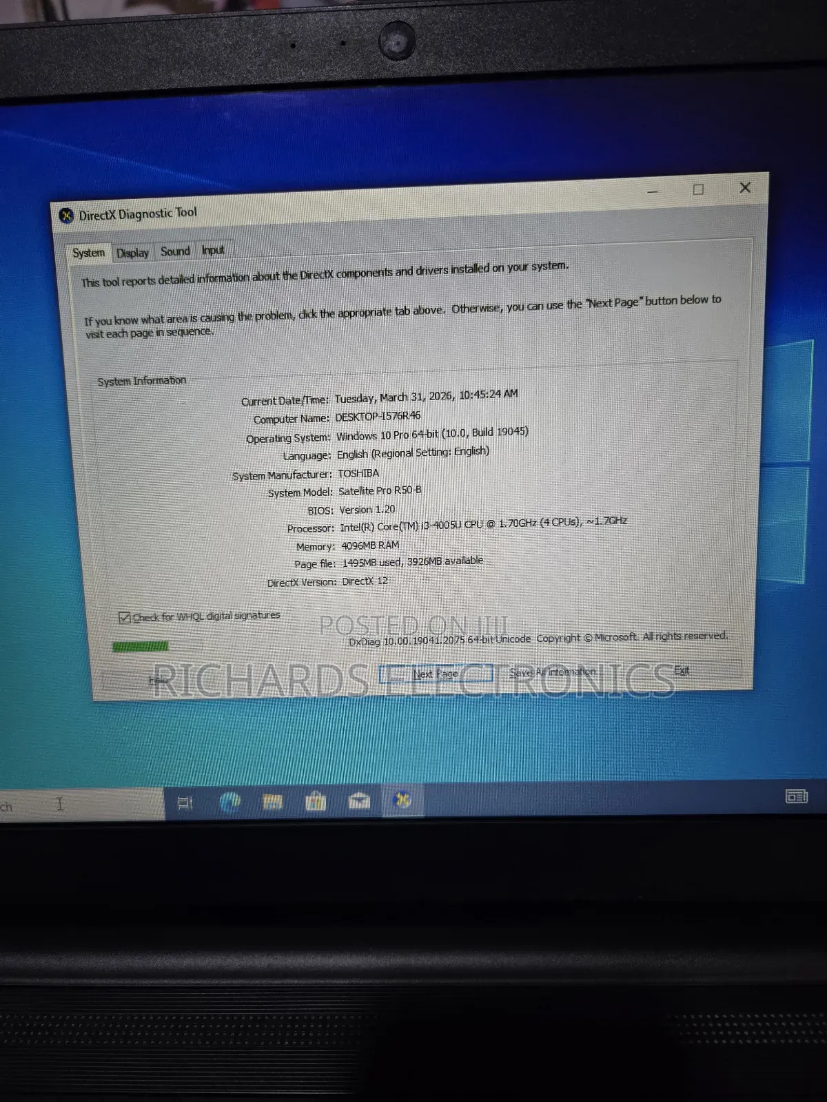 Laptop Toshiba A50 4GB Intel Core i3 HDD 500GB