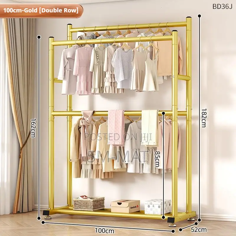 Modern Gold Freestanding Garment Rack With Double Rod, Shelves