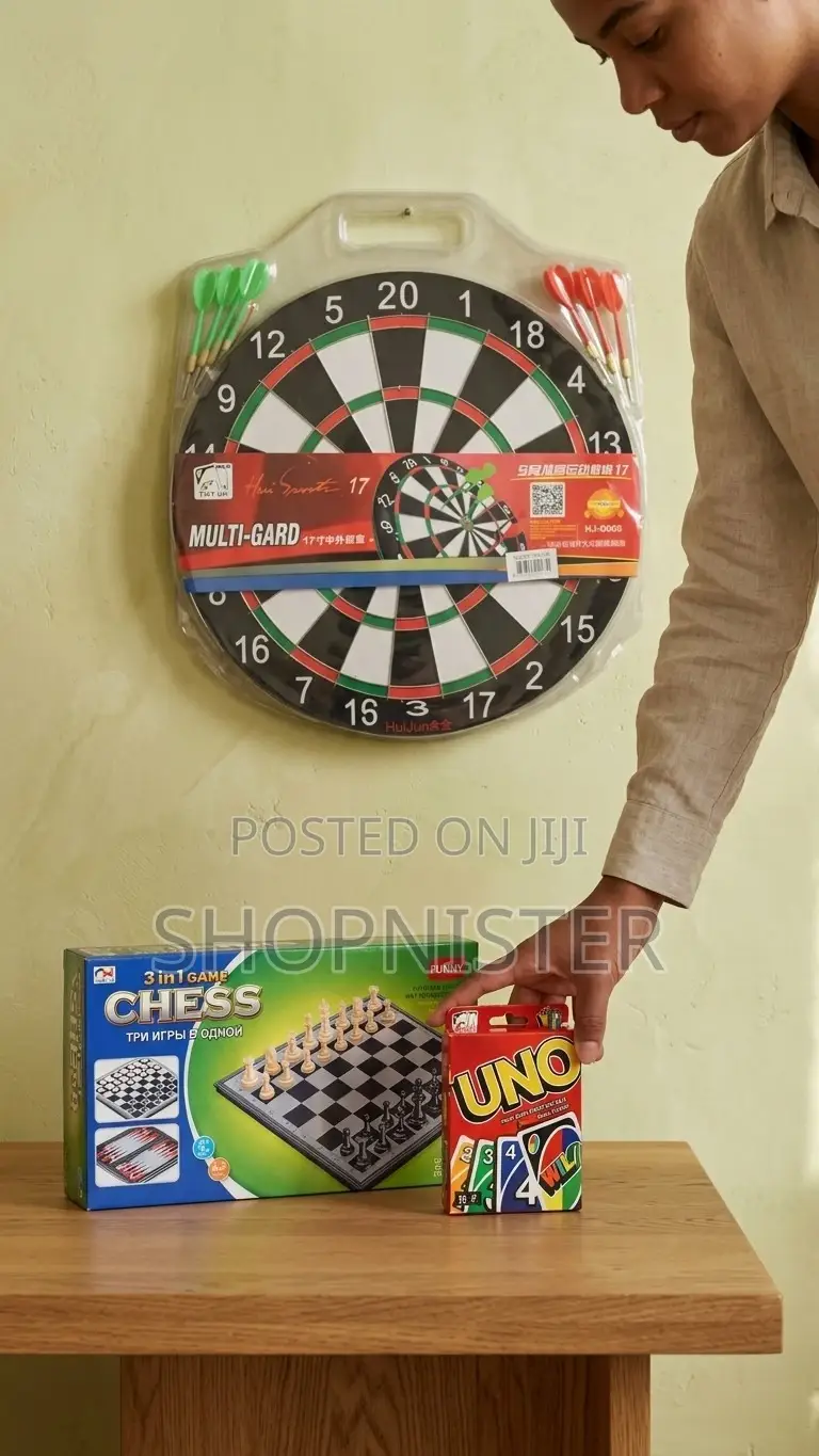 Ultimate Family Fun Bundle: 3-in-1 Chess Set + Uno + 17" Dartboard