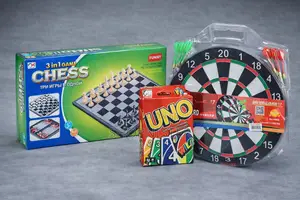 Ultimate Family Fun Bundle: 3-in-1 Chess Set + Uno + 17" Dartboard