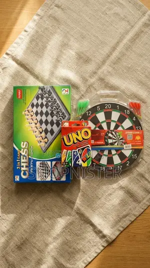 Ultimate Family Fun Bundle: 3-in-1 Chess Set + Uno + 17" Dartboard