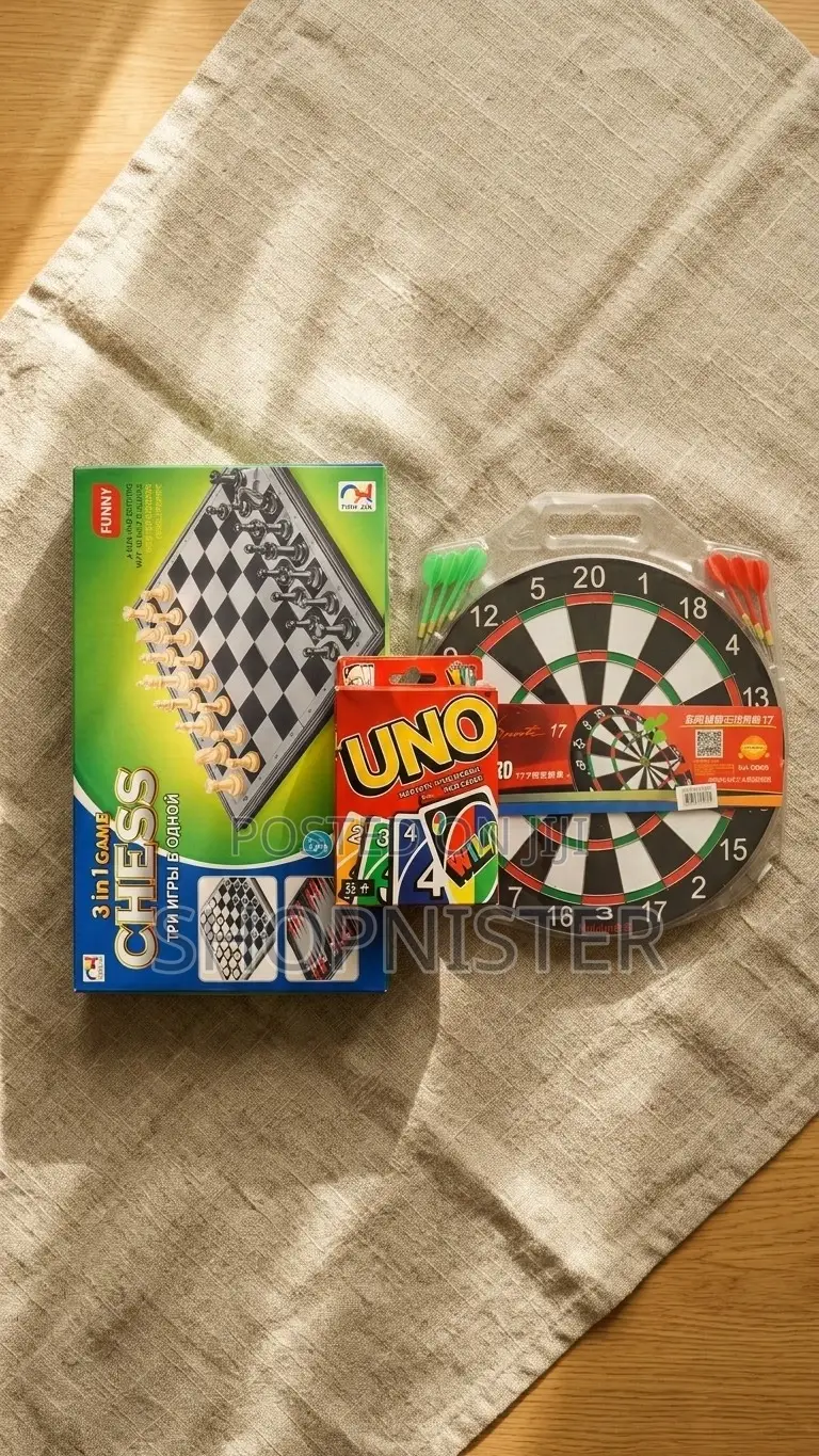 Ultimate Family Fun Bundle: 3-in-1 Chess Set + Uno + 17" Dartboard