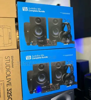 Presonus Studio Monitors, a Microphone, and an Audio Interface.