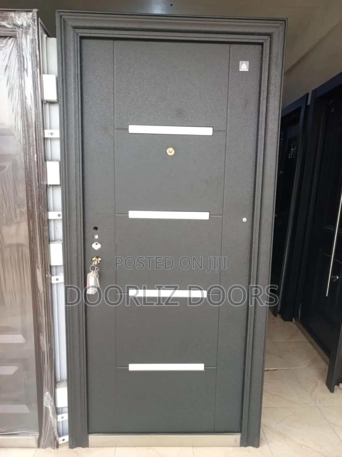 Single Black Security Door With Silver Lines