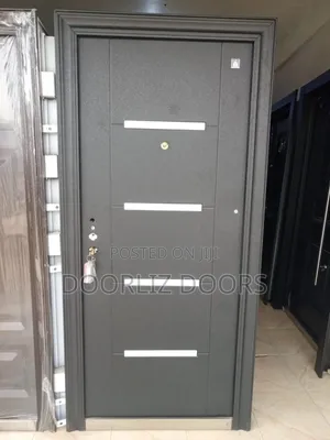 Single Black Security Door With Silver Lines