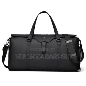 Unisex Black Leather Duffel Travel Bag