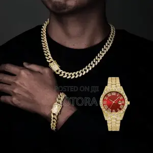 Men’S Iced-Out Watch Chain Set – 3-in-1 (Blue/Red/Green Dial)