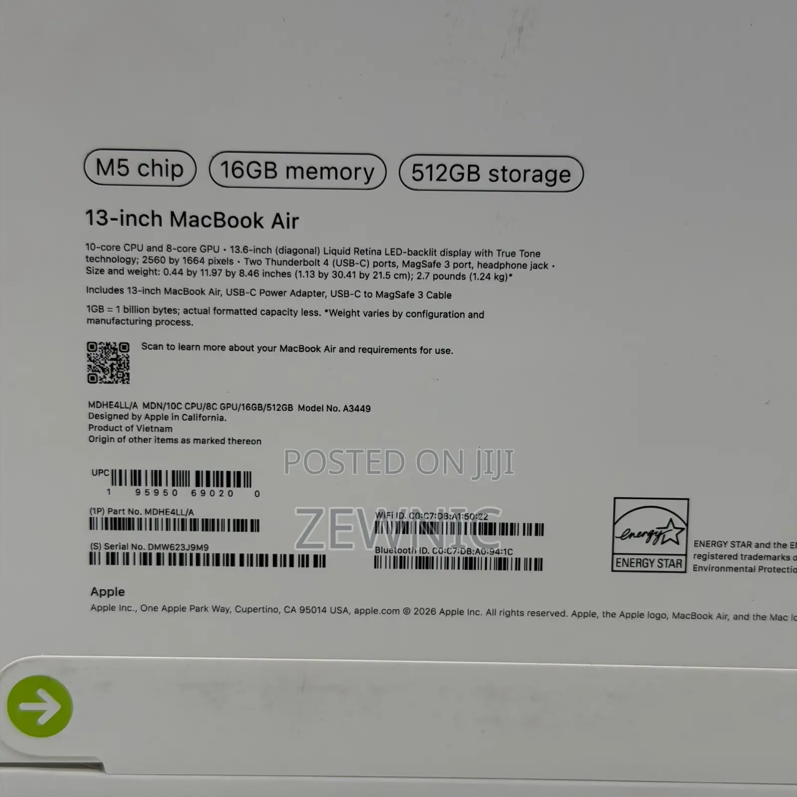 New Laptop Apple MacBook Air 2026 M5 16GB Apple M5 SSD 512GB