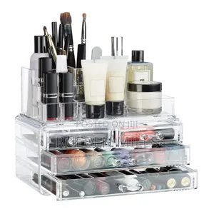 White Plastic Transparent Cosmetics Storage Box With 4 Drawers
