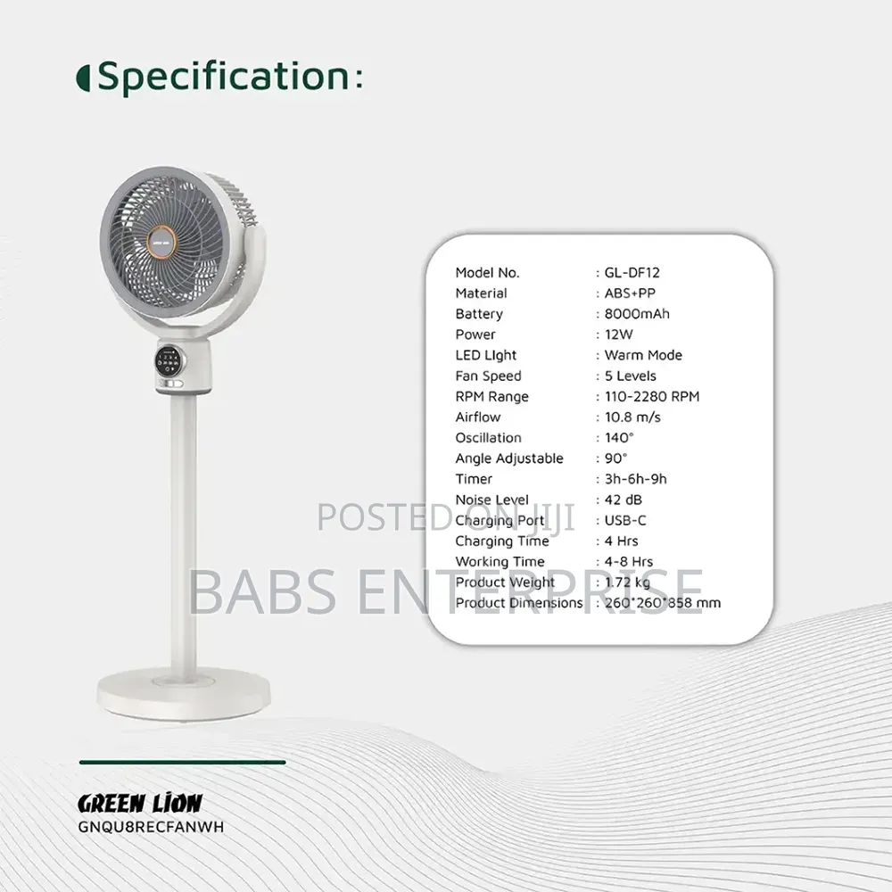 Green Lion Quad Flex Fan Rechargeable 8-Inch 3-Blade – White