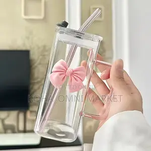 Cute Bow Glass Cup + Glass Straw (In Box)