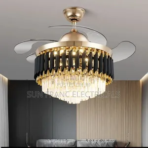 Modern Retractable Blade Crystalchandelier Ceiling Fan Gold and Black