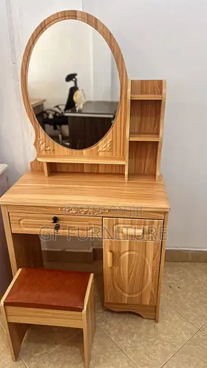 Compact Wooden Dressing Table Set With Stool