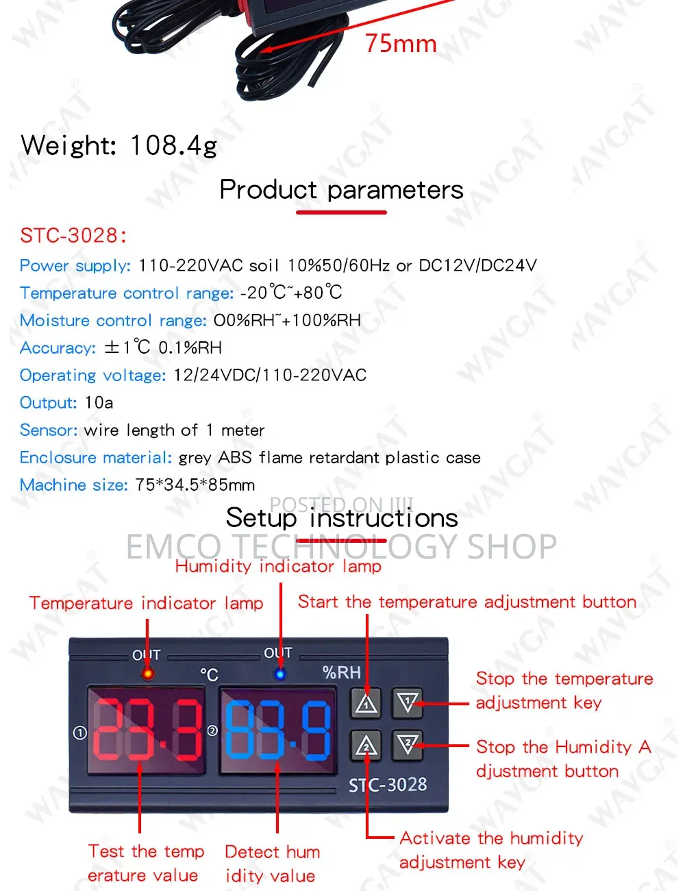 220v STC-3028 Digital Temperature and Humidity Thermostat Dual Display