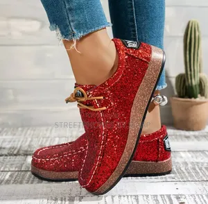 Red Glitter Platform Loafers for Women