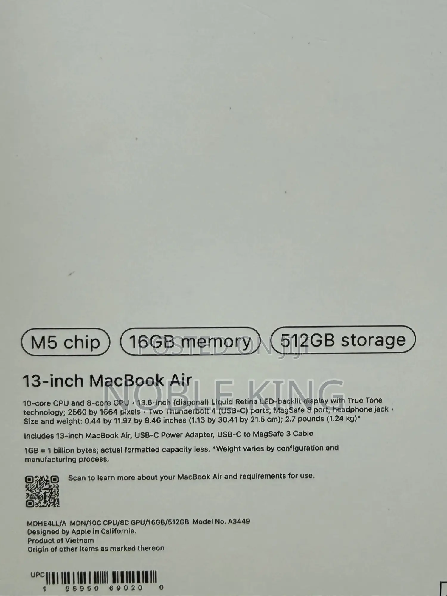 New Laptop Apple MacBook Air 2026 M5 13-inch 16GB Apple M5 SSD 512GB