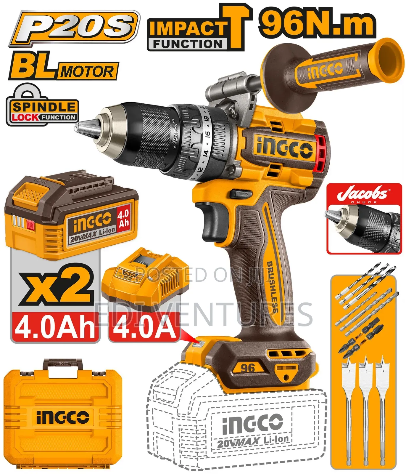 Ingco Cordless Brushless Impact Drill - 96nm - 20v