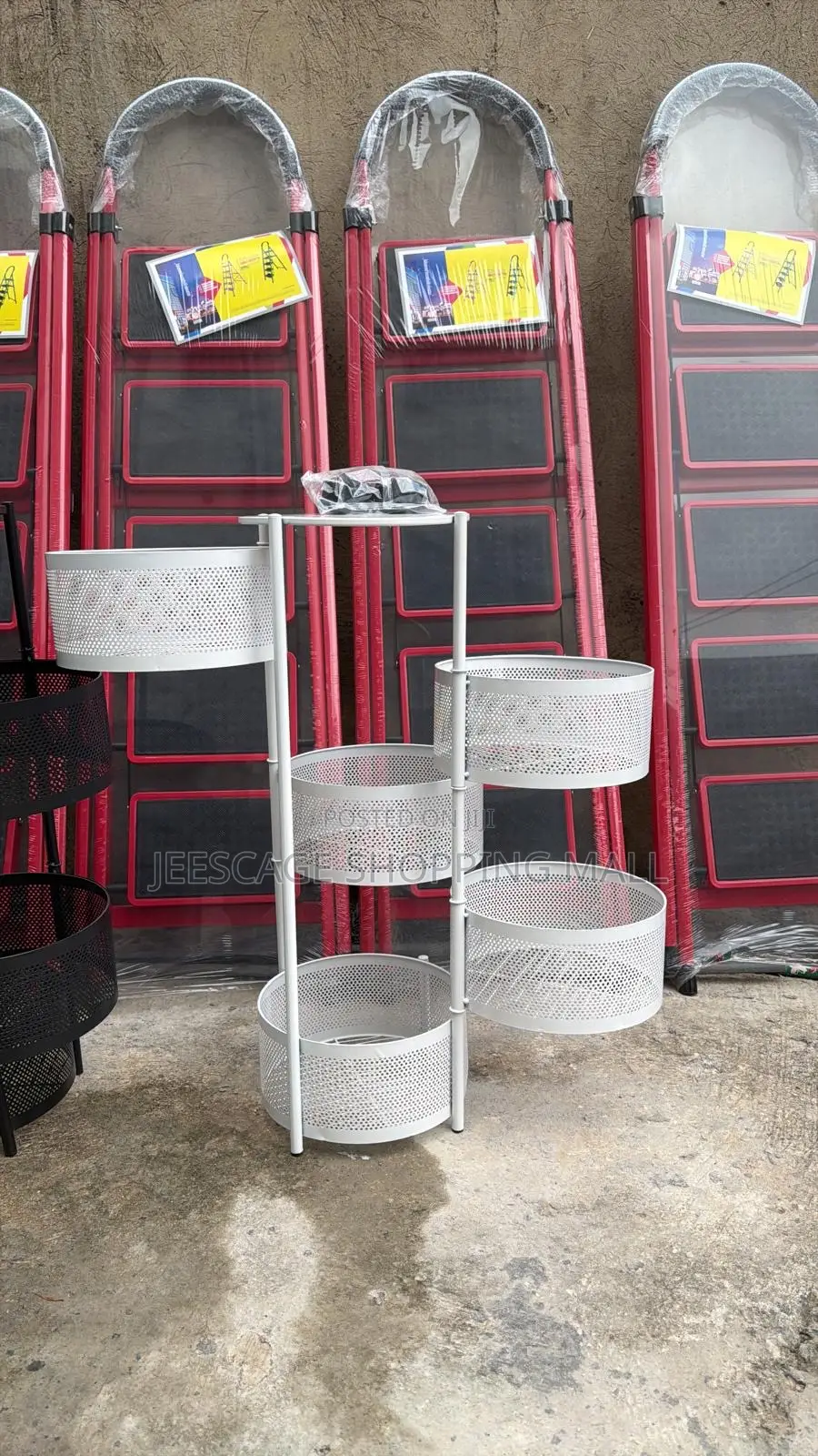 4-Tier White Perforated Round Storage Rack With 3 Baskets