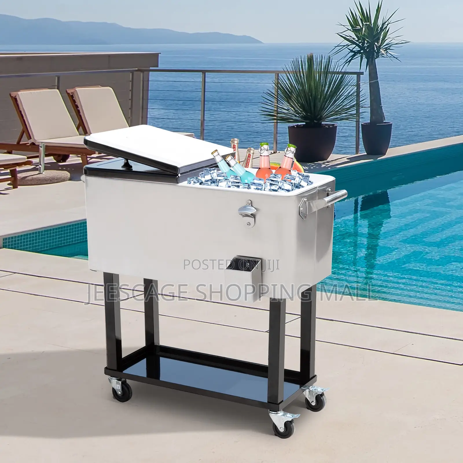 80 Qt Rolling Patio Cooler Cart With Bottle Opener