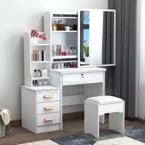 Modern White Dress Portable Table Sliding Mirror, Storage Stool