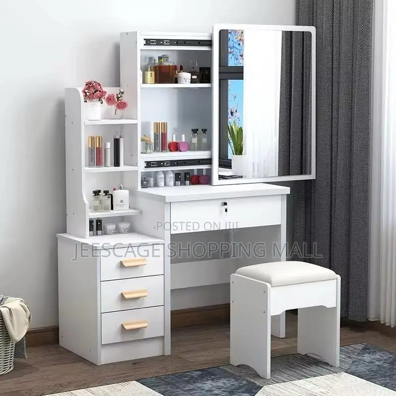 Modern White Dress Portable Table Sliding Mirror, Storage Stool