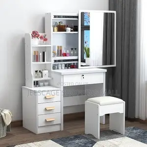 Modern White Dress Portable Table Sliding Mirror, Storage Stool