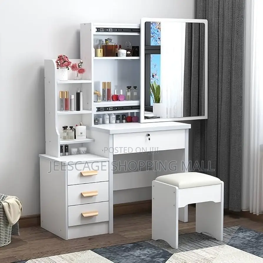 Modern White Dress Portable Table Sliding Mirror, Storage Stool