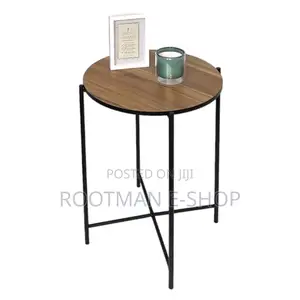 Walnut Veneer Top and Black Steel Frame Round Side Table
