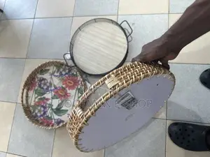 Round Serving Trays Featuring Floral Patterns and Wicker Edging