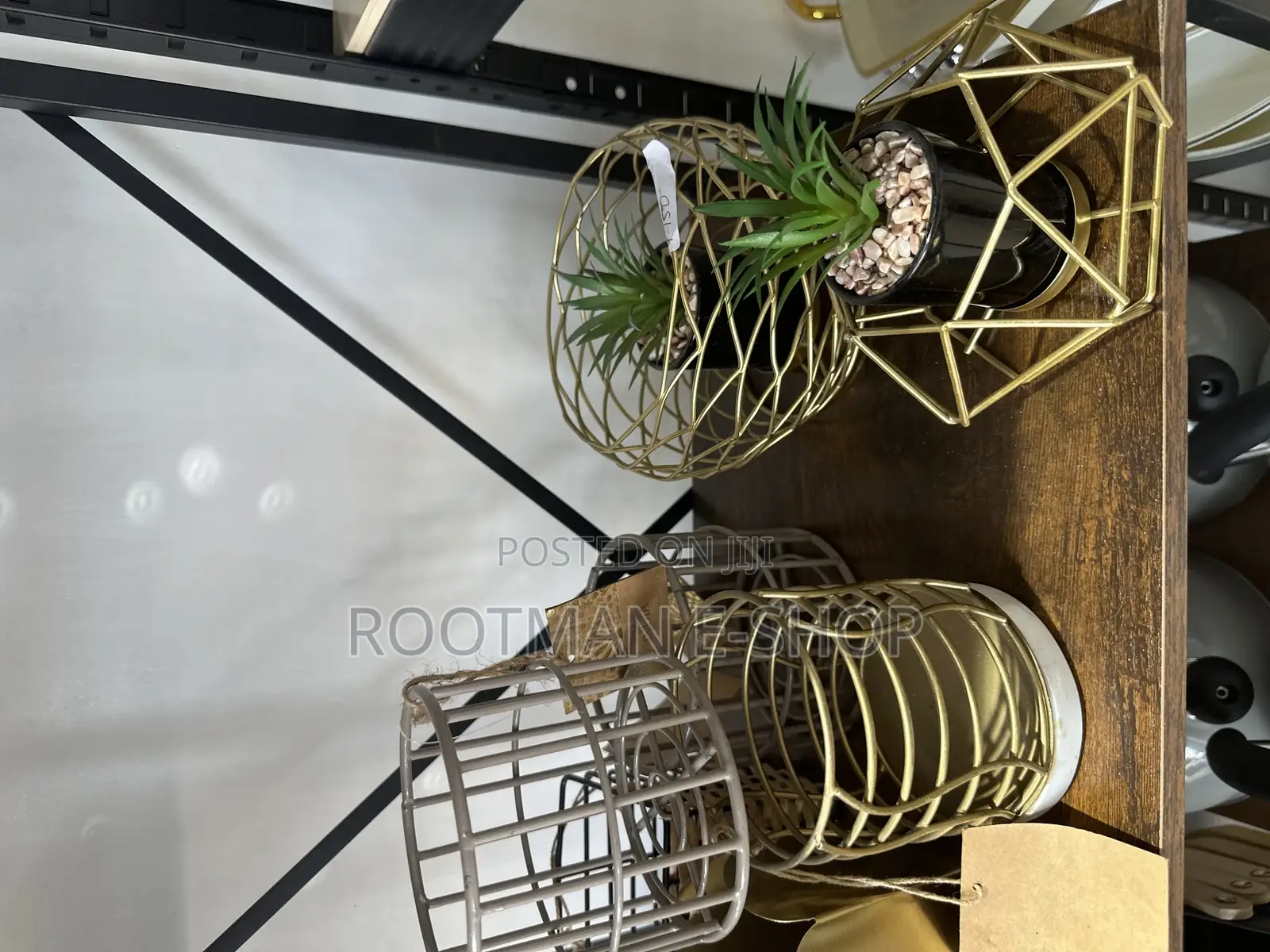 Gold-Colored Geometric Wire Planters Containing Artificial Succulent