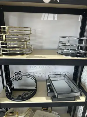 Decorative Mirrored Trays Featuring Textured Glass And Black Metal