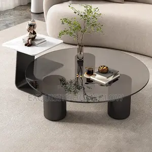 Tempered Glass and Marble Tabletop(Black,80+50cm)
