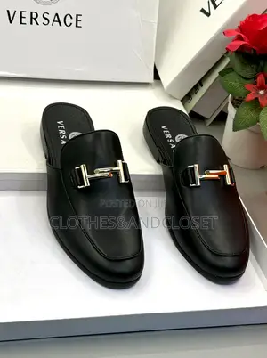 Versace Black Leather Slip-on Mule Loafers With a Gold-Tone Metal