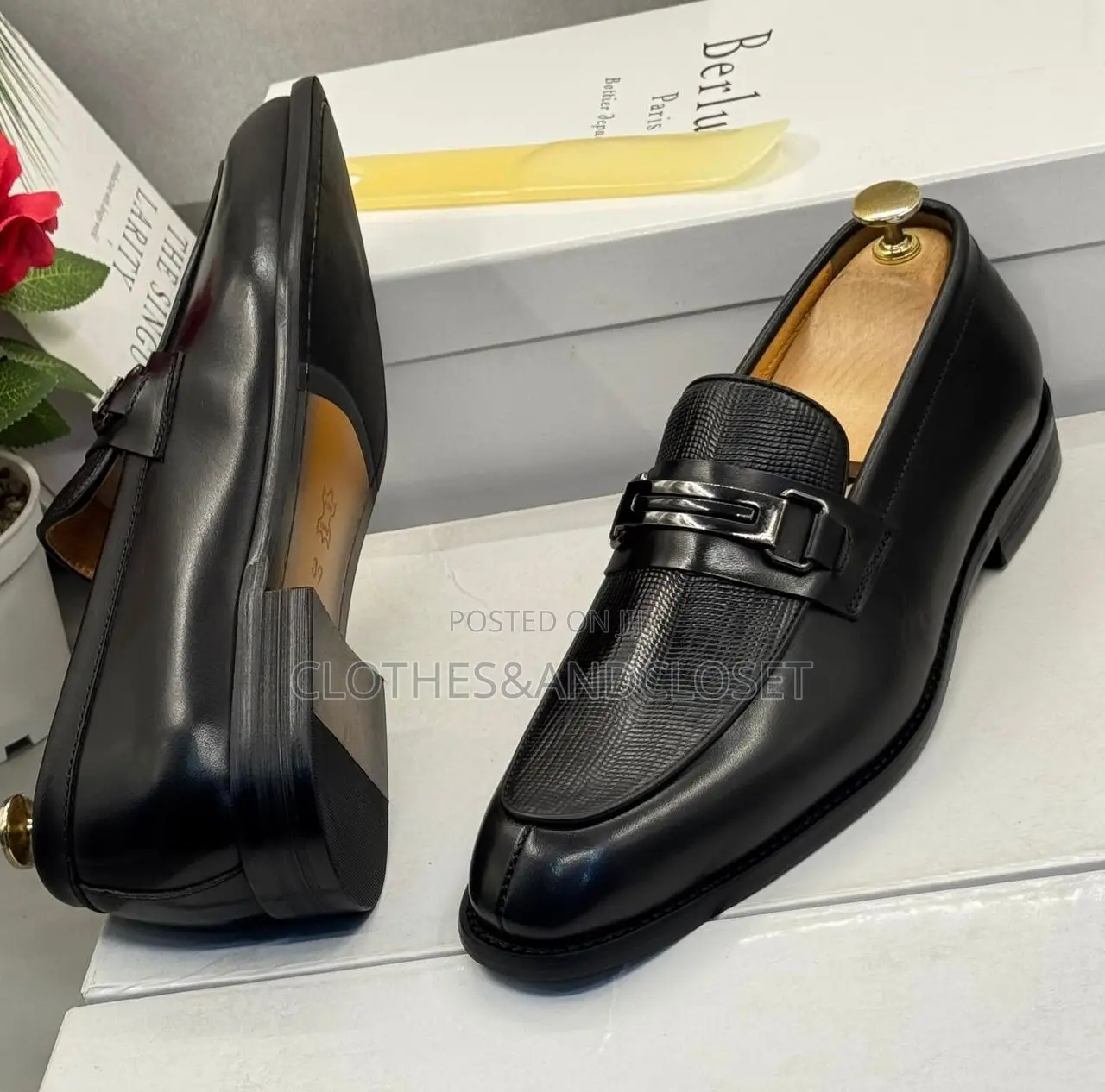 Berluti Black Loafers With a Textured Vamp and Metal Buckle Detai