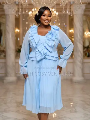 Luxe Sky Blue Ruffle Pleated Midi Dress