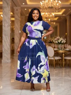Luxe Navy Floral Pleated Midi Top and Skirt