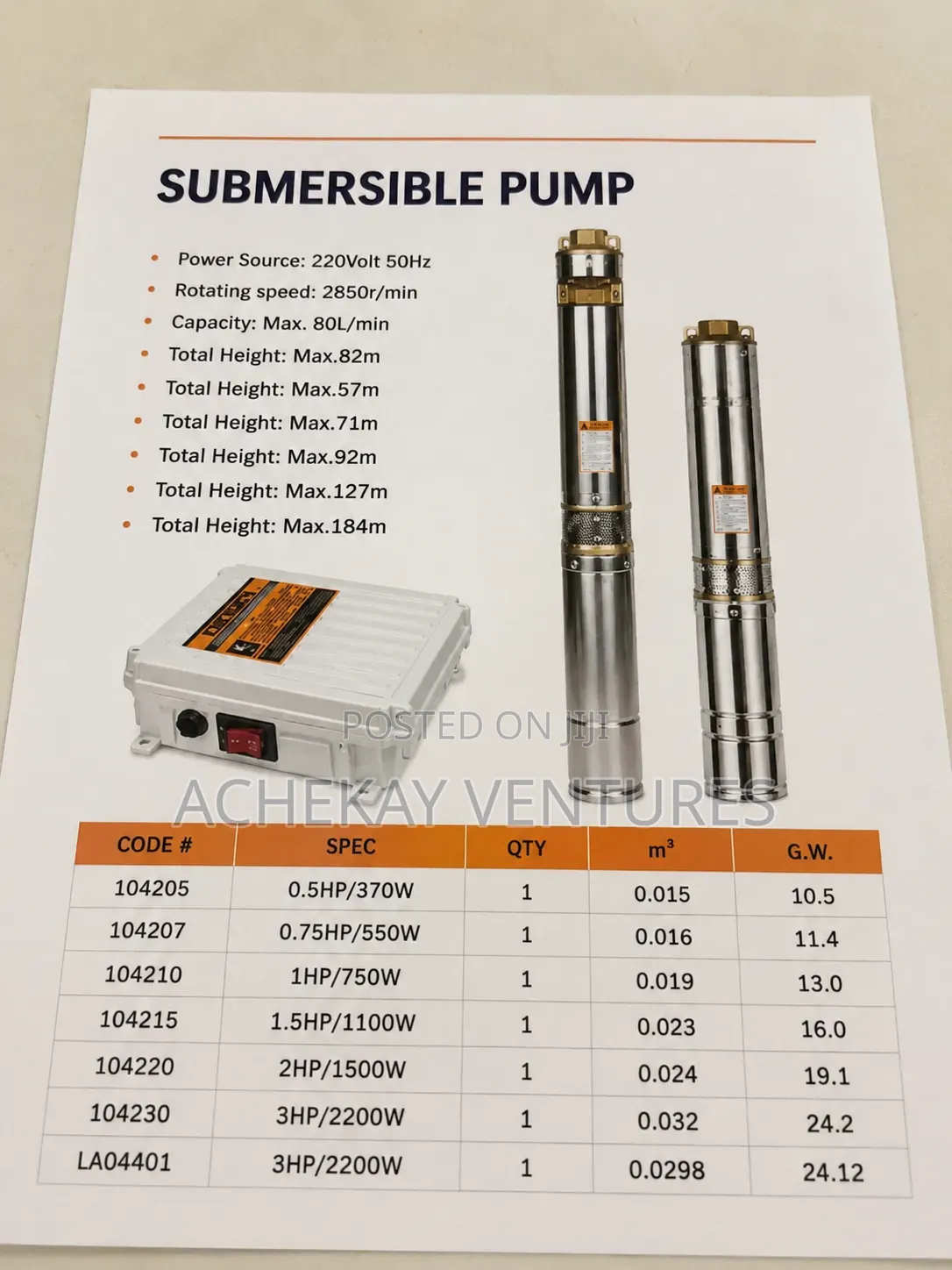 3hp/2200w Submersible Water Pump – 4m3/H High Pressure Borehole Pump
