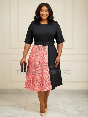 Elegant Color-Block Midi Dress - Black Pink Patterned With Belt