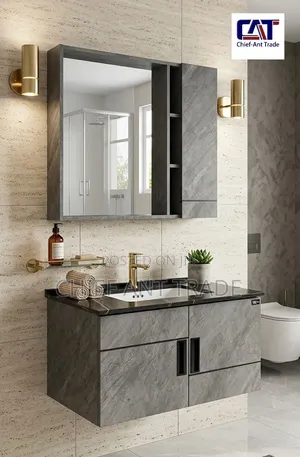 Grey Cabinet Basin With Marble Top and Cabinet Mirror 60cm