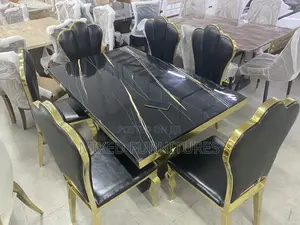 Executive Marble Dining Table With 6chairs ( Black Leather Chairs )