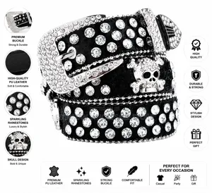 Luxury Rhinestone Skull Buckle Belt for Men Women – Stylish Pu Leath