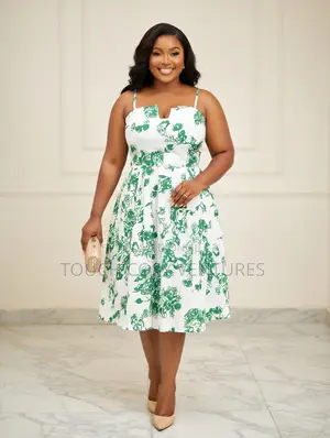 Fresh Green White Floral Print Spaghetti Strap Midi Dress