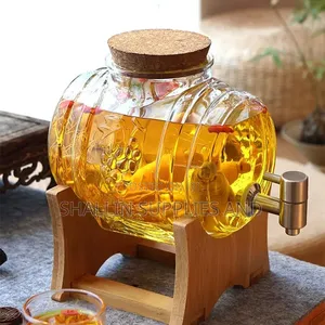 Premium Glass Juice Dispenser Barrel With Wooden Stand