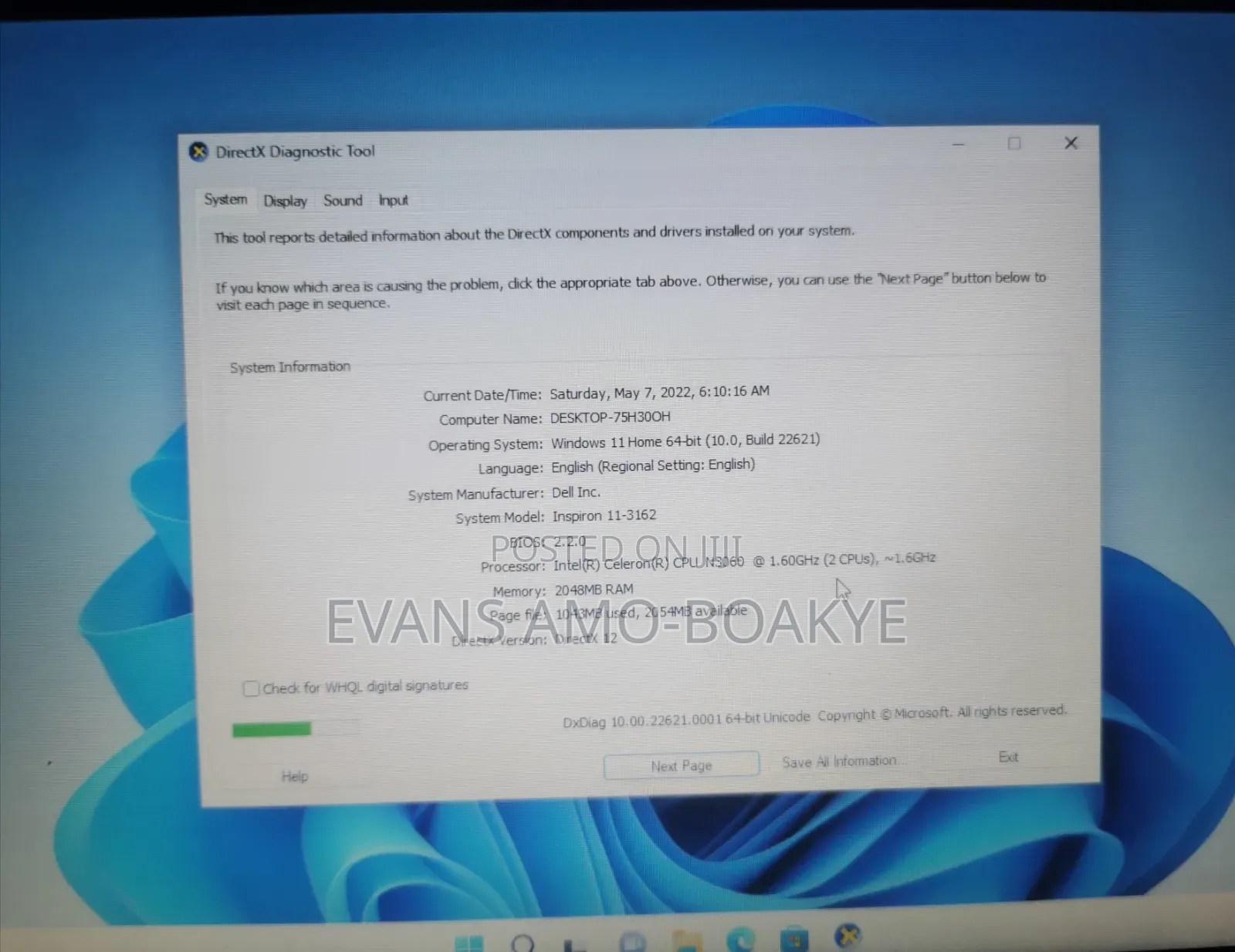 Laptop Dell Inspiron 11 3162 2GB Intel Celeron SSHD+SSD 320GB