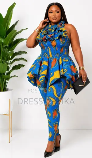 Royal Blue African Print Peplum Top Trousers Set