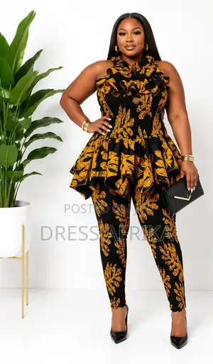 Premium Black Gold African Print Peplum Trousers Set