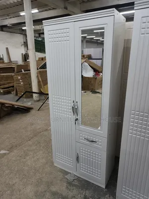 Freestanding 2-Door MDF Wardrobe With Built-in Mirror and Lower Drawer