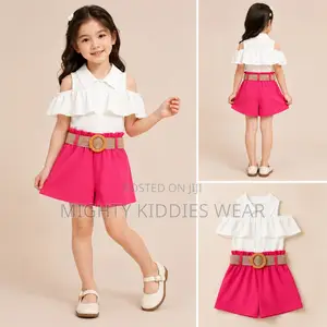 Girls Off-Shoulder Ruffle Top Shorts Belt Three-Piece Age 2-4yrs Only