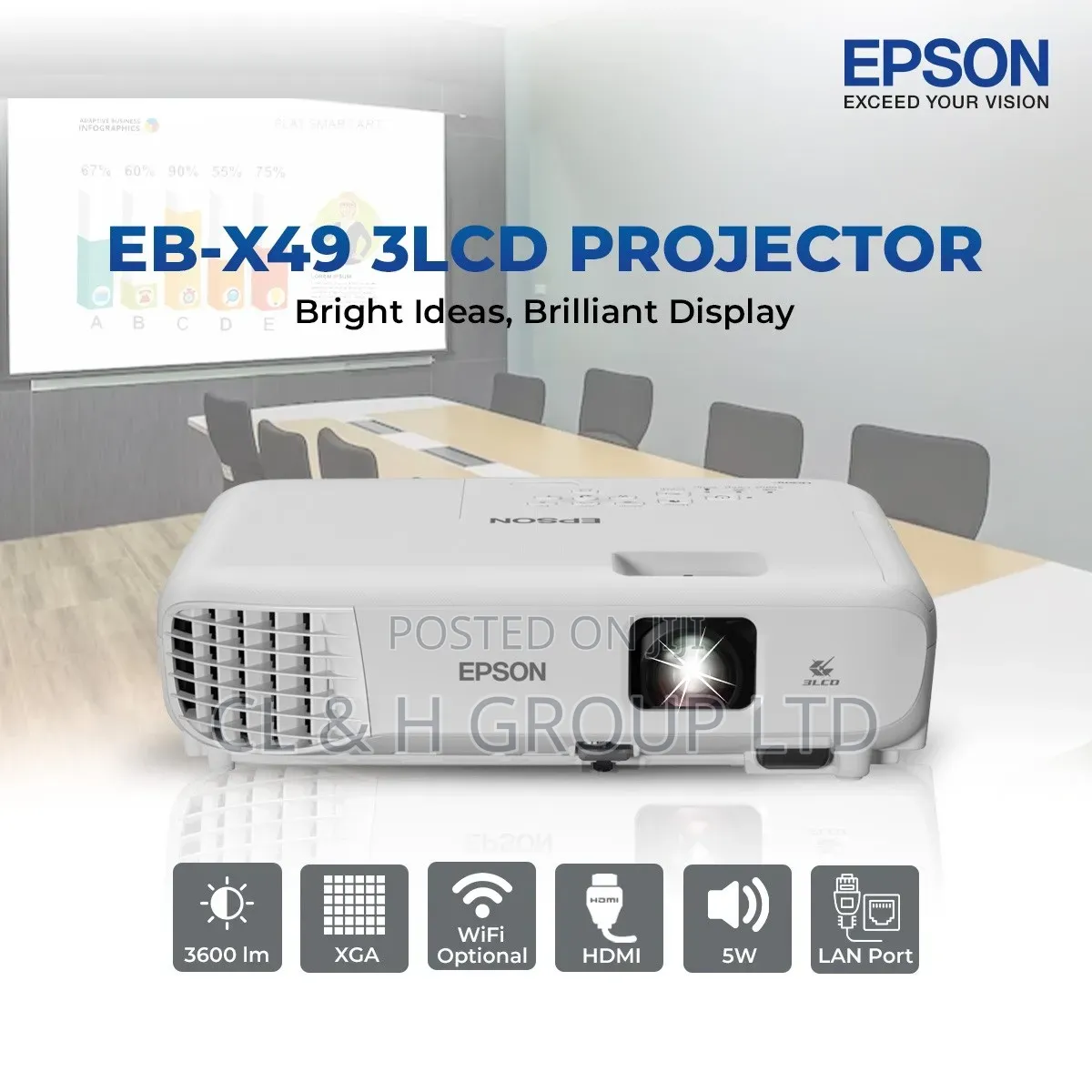 Epson Eb-X49 3lcd Xga, 3600 Lumens Projector