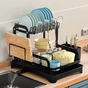 2-Tier Over-Sink Dish Drying Rack With Drain Tray Utensils Holder